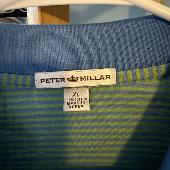 Peter Millar 100% Cotton Green and Blue Striped Golf Polo Shirt - Picture 2 of 3